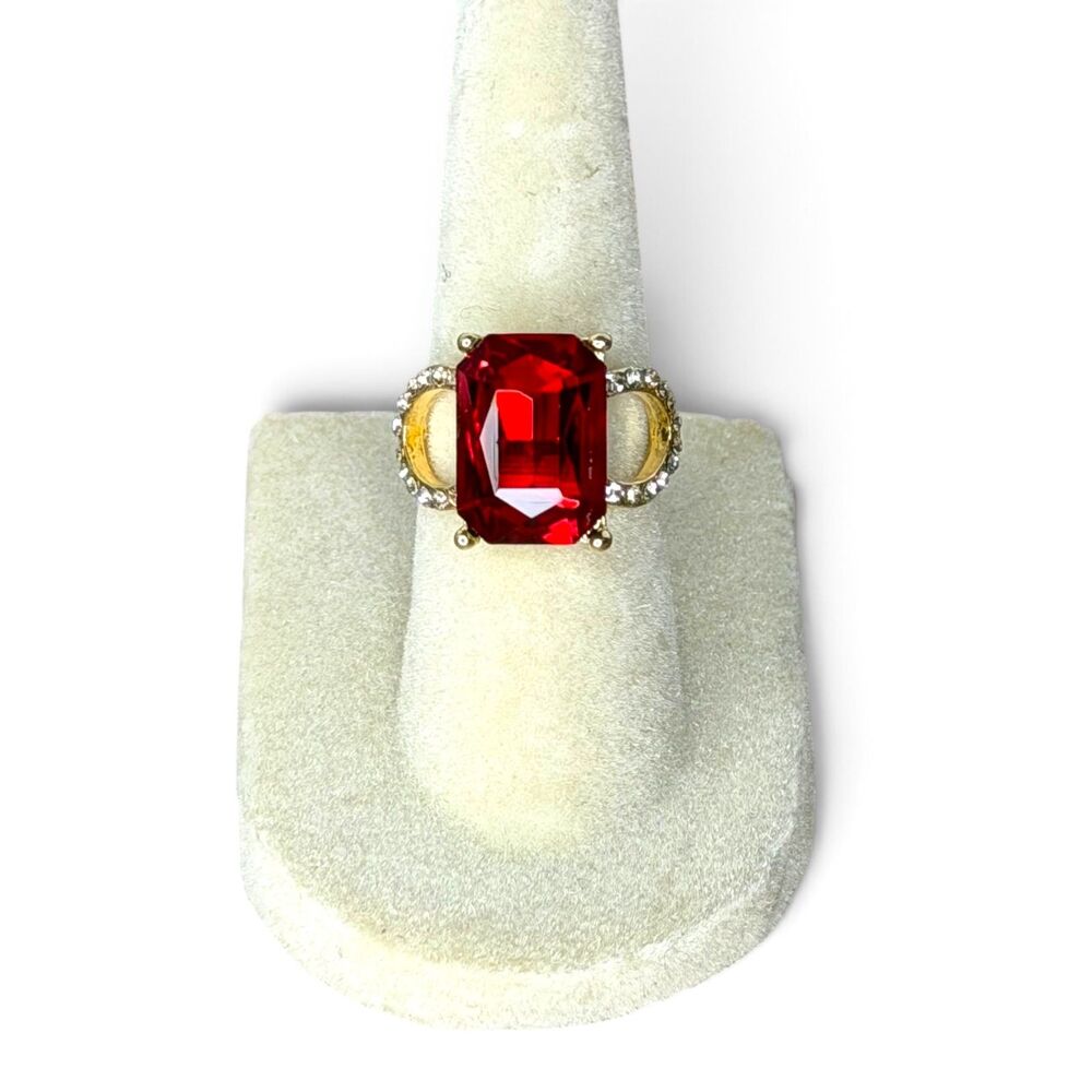 Gold-Tone Statement Ring with Red Rectangular Stone